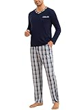 Demegimi Herren Schlafanzug Lang Pyjama Kariert Baumwolle V-Auschnitt Zweiteilige Pyjamas mit Langarm Shirt und Karierter Schlafanzughose,Marineblau,L