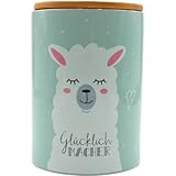 Dekohelden24 Stilvolle Keramik Aufbewahrungsdose/Kaffeedose/Frischhaltedose/Gebäckdose Glücklich Macher. Motiv: Lama. Größe: H/Ø 15,6 x 11 cm.