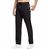 Leinenhose für Herren, Lounge-Hose, lockere, gerade Wanderhose mit Reißverschlusstaschen, Kordelzug, elastische Taille, Trainingshose für Herren, leicht und atmungsaktiv, Schwarz , S
