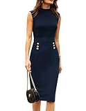 GRACE KARIN Damen Elegantes Kleid Hochgeschlossen Ärmellos Etuikleid mit Schlitz Midi Partykleid Marineblau XL