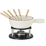 BBQ-Toro Gusseisen Fondue Set für 6 Personen | 2 Liter | Fondueset 9 teilig mit Brenner und Gabeln | Fondue-Set, Käsefondue Set, Fleischfondue Set, Schokofondue Set (Creme emailliert)