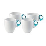 Guzzini Everyday Becher mit Henkel – 4er-Set (Azur), Porzellan & Kunststoff – BPA-frei, mikrowellen- und spülmaschinenfest, Neuheit Kaffeetasse, Teetasse, Saft, Wasserbecher – täglicher Gebrauch für