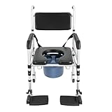 Duschstuhl WC-Stuhl mit Rollen Fahrbarer Faltbar Toilettenstuhl Höhenverstellbar Rollstuhl mit Abnehmbarer Eimer, Armlehnen, Sicherheitsgurt Toilettenrollstuhl Duschtoilettenrollstuhl für Senioren