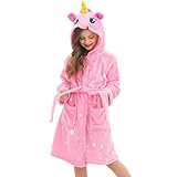 Ceruwum Einhorn Bademantel für Mädchen Weich Fleece Morgenmäntel mit Kapuze (Rosa Sterne, 6-7 Jahre)