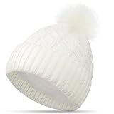 FORVEVO Mütze Damen Winter, Beanie Damen mit Fleece Gefüttert, Warme Wintermütze, Strickmützen mit Bommel für Outdoor Laufen Skifahren (Weiß)