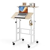 COSTWAY Stehpult Höhenverstellbar, mobiler Computertisch mit Rollen, neigbarer Tischplatte & 2 Haken, Schreibtisch, Steh-Sitz-Tisch, Laptoptisch für Zuhause, Büro (Natur)