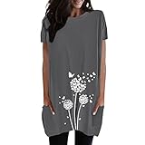 2026 Damen Casual Rundhals Einfarbig Taschendruck Langes T-Shirt Top (Dark Gray, L)