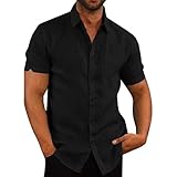 Glacspyg Leinenhemd Herren Kurzarm Leinenhemd Arbeit Freizeithemd Fit Business Casual Urlaub Sommer Strand Hemd Schwarz L