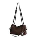 LUYYBDBG Umhängetasche Retro Boston Damentasche, Bowlingtasche, Damen-Retro-All-Match-Pendler-umhängetasche, Große Kapazität, Wildleder-Einkaufstasche-braun