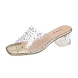 Woaikeyu Lässige Sandalen für Damen, Sommer, Strass, transparent, dicke Absätze, Schuhe für Damen, Mode, Sandalen mit hohen Absätzen, goldfarben, 41 EU