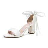smlekwc Damen Offene Zehen Satin Hochzeit Sandalen Schnürung Weiß Brautschuhe Hoher Block Absatz Abend Partei Abschlussball Pumps Mit Perle,Elfenbein,39 EU