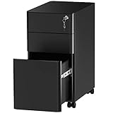 YITAHOME Rollcontainer, Abschließbar Rollcontainer mit 3 Schubladen, Metall Mobiler Aktenschrank Büroschrank mit Rollen für A4, Legal, Letter Home-Office, Hängeregistratur, Schwarz, 46 x 30 x 59cm