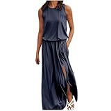 Boho Kleid Damen Lässige ärmelloses Lang Strandkleid Elastischer Hohe Taille Maxikleid a Linien Swing Tunikakleid Langer Plissee Kleider Sommer Freizeitkleid Mit Schlitz