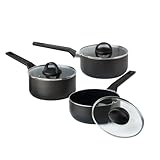 QDESIGN BLACK+ 3er-Set PFOA-freie, antihaftbeschichtete Aluminium-Kasserollen + 3 Glasdeckel – für alle Herdarten inkl. Induktion – Ofen spülmaschinen- und kühlschrankgeeignet – Schwarz, Ø 16/18/20 cm
