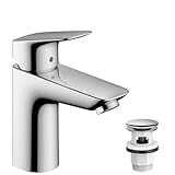 hansgrohe Logis - Waschtischarmatur mit Push-Open Ablauf, Wasserhahn Bad mit Auslauf Höhe 93 mm, Mischbatterie Waschbecken wassersparend (EcoSmart), Chrom, 71107000