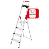Hailo L85 ComfortLine Alu-Sicherheits-Stehleiter - 4 XXL-Stufen belastbar bis 150 kg - Tiefe Standfläche & Haltegriff - Stehleiter mit Ablage - Aluleiter Made in Germany - Leiter rostfrei - Silber