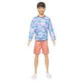 Barbie Fashionistas Ken-Puppe Nr. 219 mit schlankem Körper und abnehmbarem gemusterten Langarmhemd in rosa und blau sowie rosa Shorts, HRH24