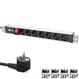 hb-digital 19 Zoll Steckdosenleiste 7-Fach für Serverschrank 1HE - Aluminiumprofil 230 VAC / 16 A - für Netzwerkschränke Serverschranke mit Befestigung - kompakte Energieverteilung und Überlastschutz