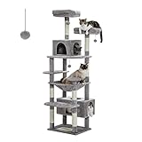 PAWZ Road Großer Kratzbaum, 184 cm großer Katzenturm für große Katzen, Katzenhaus mit Sisal-bezogenen Kratzbäumen und Polstern, 2 gepolsterten Sitzstangen, Doppelhaus und Korb für Hauskatzen – grau