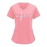 Kasacks Damen Pflege Rosa Günstig Berufsbekleidung Oberteile Kurzarm Arbeitskleidung Tshirt Mit V-Ausschnitt EKG Muster Medizinische Uniform Krankenschwester Kostüm S-XXL Schlupfkasack