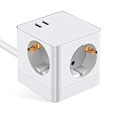 Steckdosenleiste Würfel USB Mehrfachsteckdose Cube überspannungsschutz 3 Fach mit 2 USB (15.5W) Steckdosen mit Schalter für Büro, zu Hause 1,5m Kabel (Kabel 1)