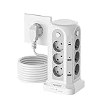 TESSAN 12 Fach Mehrfachsteckdose mit USB C, Verlängerungskabel 5M Steckdosenleiste mit 4 Einzelnen Schalter, Mehrfachsteckdose Überspannungsschutz, Steckdosenturm Verteilersteckdose Weiß