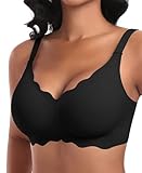 Ganado Damen Nahtloser BH Ohne Bügel Tiefem V-Ausschnitt gewellte Ränder Push Up BH Bralette Soft Bequem BHS Bügellos Bustier (Schwarz-Doppel Vorderwelle, L)