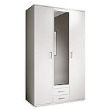 Stella Trading KARL Eleganter Kleiderschrank 3-türig mit viel Stauraum - Vielseitiger Drehtürenschrank in Weiß mit Spiegeltür - 120 x 195 x 55 cm (B/H/T)