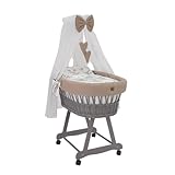 WIKLINOPOL IRENEUSZ ZYGMUNT WICKER WOOD BABY 2000 EU Stubenwagen Lena, grau mit Gestell, Matratze Baldachin und Bettwäsche aus Waffelstoff | Leisen Rädern, Safari
