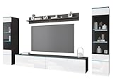 MINIO go for it - Wohnwand 4-Teilig Set Veve 2 I Hängend oder Stehend I 2X Hochschrank-Vitrine I Lowboard Wandboard I Laminierte Spannplatte I Matera und Weiss Hochglanz - LED Beleuchtung