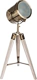 BRUBAKER Stehleuchte Industrial Design Tripod Lampe - 65 cm Höhe - Stativbeine aus Holz Weiß gekälkt - Scheinwerfer Messing