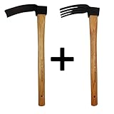 Xforst Garten Werkzeugset aus Zwei Gartenhacken. Hacke mit geradem Blatt + Hacke mit 4 Zinken. Mit Griff aus Hickory-Holz und Kopf aus geschmiedetem Stahl. Neu mit optischen Fehlern