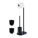 Relaxdays WC Garnitur, Metall, HxBxT: 63x23x17 cm, stehender Klopapierhalter, Toilettenbürste mit Bürstenhalter, schwarz