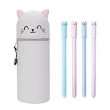 2 In 1 Silikon Federmäppchen Set, Teleskopisch Ständer Kawaii Federmäppchen mit 4 Stück Radierbare Stifte, Weiche Silikontasche Mäppchen für Jungen und Mädchen, (Bambus-Panda, Katze) (Kätzchen)