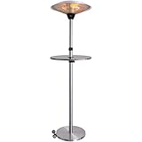 WALTER Halogen Terrassenstrahler 2100 W, Höhenverstellbar 180-210 cm, 3 Heizstufen, Integrierter Ablagetisch, Mobil mit Rädern, Wetterfest IP44, Ideal für Außenbereich, Terrassenheizer, Heizpilz