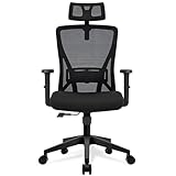 Durrafy Bürostuhl Ergonomisch, Drehstuhl mit Mesh, Lenden- und Kopfstütze, Schreibtischstuhl mit klappbare Armlehnen, Gepolstertem Sitzkissen, 360° Drehstuhl für das HomeOffice, Schwarz