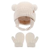 2 Stück Kinder Wintermütze Handschuhe Set Gestrickt Warme Wintermütze für Kleinkinder Warme Handschuhe Winter Beanie Hut Strickmütze Thermal Knit Mütze Handschuhe Set für Jungen Mädchen (Beige)