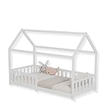 ecomi® Kinderbett 90x200 Bodenbett Kinder Bett Hausbett mit Rausfallschutz und Lattenrost für Kinder Kinderbetten für Mädchen und Jungen Massivholz Kiefer in Weiß
