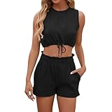 Einfarbiges Tank-Top mit Kordelzug und Taschenshorts für Damen im Frühling/Sommer Katzen Federmäppchen (Black, L)