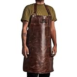 BURNHARD Grillschürze Leder Braun, Lederschürze 100% Büffelleder, Größenverstellbar, BBQ-Schürze mit Taschen, Kochschürze