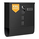 WOLTU Briefkasten mit Zeitungsfach Sichtfenstern, Postkasten mit Namensschild personalisiert, Wandbriefkasten abschließbar, inkl. 2 Schlüssel, modern, Schwarz, 37x37x11 cm