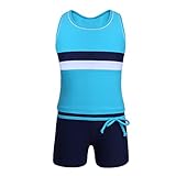 TiaoBug Mädchen Sport Tankini Set Badeanzug Retro Tank Top Tee T-Shirt Badeshirt und Shorts Badeshorts Schwimmanzug Bade Schwimm Bekleidung Blau 128