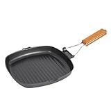 TEHAUX Bbq Grillpfanne Kleine Klappbare Gusseisenpfanne mit Holzgriff Antihaftbeschichtet Leicht Hitzebeständig für Camping Grillen und Gasgrill Geeignet