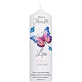 Taufkerze Mädchen oder Jungen mit Taufspruch, Motiv mit Schmetterlingen, personalisierte Kerze, bedruckte Kerze zur Taufe, Geburtstagskerze,Patenkerze, Taufgeschenk,Maße 25x8 cm,Kommunionkerze