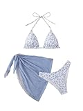 GORGLITTER Damen Bikini Set 3 Teiliger Bikini-Sets mit Blumenmuster Süß Neckholder Badeanzug mit Cover Up Rock Swimsuit Set Blau L