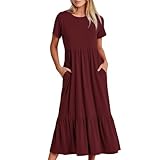 Damen Trägerkleid, Sommerkleid, lässig, Boho, Reifen, Strand, Maxikleid, Taschen, elegantes Swing-Kleid, Strandkleid, Cocktailkleid, Abendkleid, Weinrot Nr. 05, L