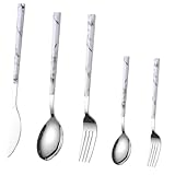 COLLBATH 5 Stück 5 teiliges Edelstahl Besteck Set mit Marmor Design Rostfrei Hohe Härte Spülmaschinengeeignet Inkl Messer Gabel Löffel Teelöffel und Teegabel für Stilvolles Tafeln und