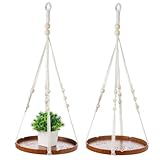 Makramee-Aufhänger aus Baumwollseil mit Holzsockel, Set mit 2 hängenden Blumentopfständern, Hängevorrichtung für Innenbereiche