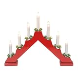 Idena 31604 - LED Adventsleuchter mit 7 LED Kerzenlichtern in Warmweiß, Schwibbogen aus rot lackiertem Holz, mit Ersatzlampe und Schalter, Deko für Innen, als Winter-, Advents- und Weihnachtsdeko