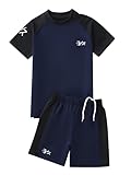 HULIJA Jungen Badeanzug Kurzarm Badeshirt mit Badehose Schwimmanzug Bademode Strandanzug Schwimmen Surfen Badekleidung Marineblau und Schwarz 122-128